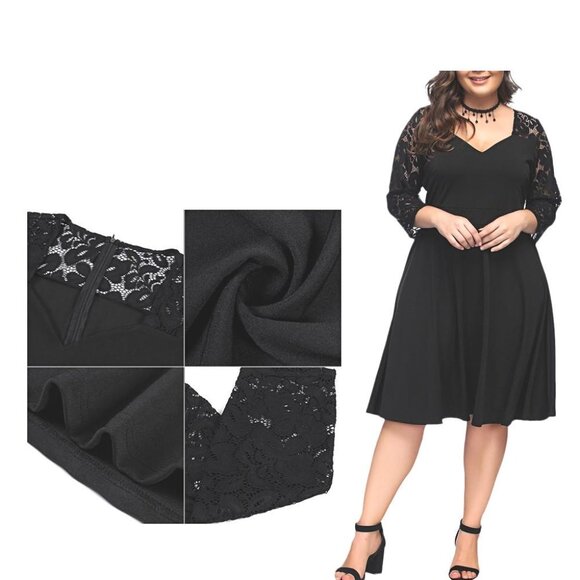 Dresses & Skirts - Women's V-Neck Back Zip Lace 3/4 Sleeve Knee Length A-Line Skater Dress